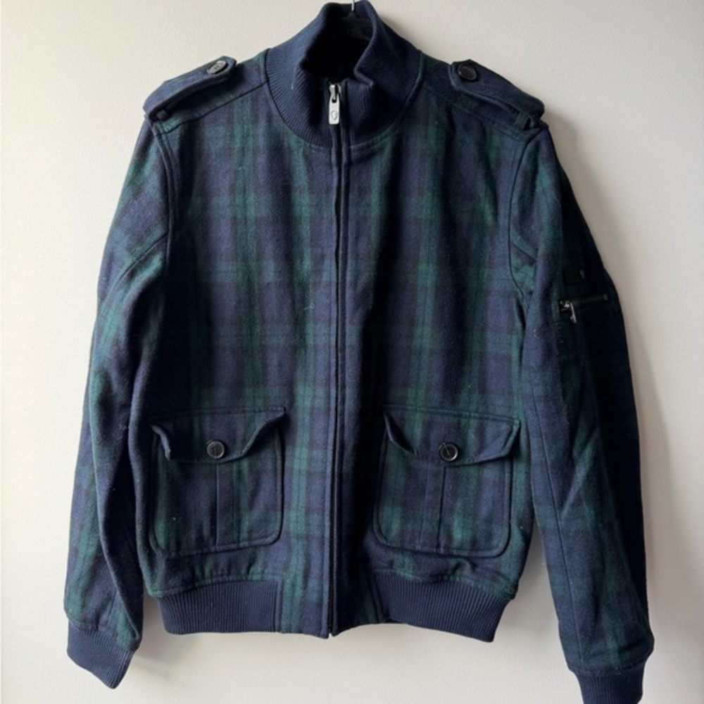 Men's Plaid Bomber Jacket - Navy & Green